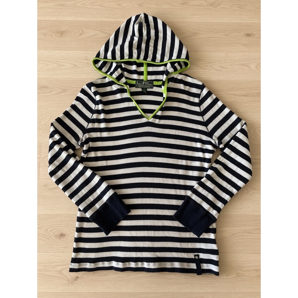 Lauren Active Ralph Lauren Striped Waffle Knit Hoodie Navy White Green Trim L
